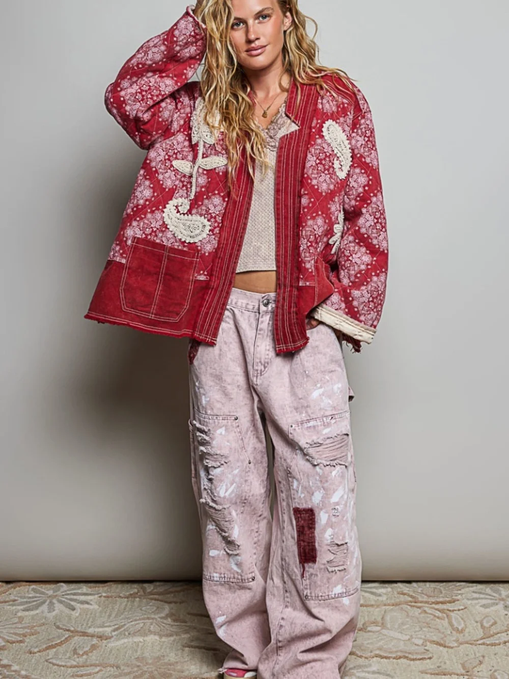 POL Red Paisley Print Reverse Stitch Floral Embroidered Open Front Jacket
